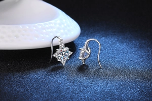 Detail of s925 silver star-shaped drop earrings with round brilliant moissanite stone