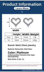 Size specifications and detailed attributes for heart-shaped moissanite stud earrings