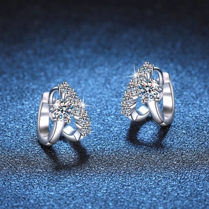 French style asymmetrical S925 silver hoop earrings featuring D color Moissanite stones