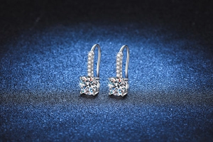 Détail des boucles d'oreilles pendantes en argent S925 avec moissanite et griffes