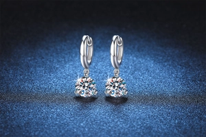 Detail of s925 sterling silver drop earrings with four-prong round moissanite charm