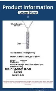 S925 silver necklace dimensions showing 40+5cm chain length and 0.5ct moissanite pendant detail