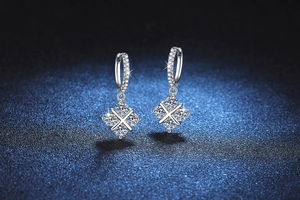 Macro shot of S925 sterling silver hoop earrings with shimmering cross zircon pendants