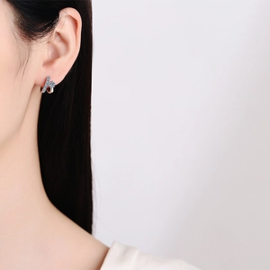 French style asymmetrical S925 silver moissanite stud earrings with blue pave zircon inlay