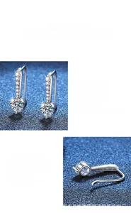 Close-up of S925 silver moissanite drop earrings with brilliant round cut and pavé setting