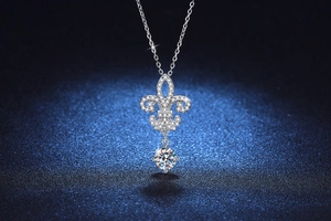 Macro detail of s925 silver iris pendant featuring a 1 carat round moissanite stone