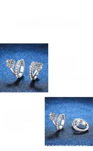 Detail of s925 silver moissanite hoop earrings with round brilliant cut stones and side accents