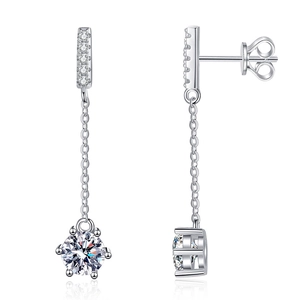 Elegant S925 sterling silver long tassel drop earrings with six-prong Moissanite stones