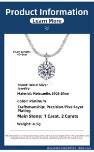 Detailed spec sheet showing S925 silver moissanite pendant necklace sizes and material info