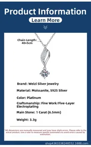 Détail du collier en argent s925 avec moissanite 1 carat et motif feuille goutte