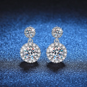 S925 Sterling Silver Moissanite Drop Earrings For Women D Color 1 Carat Halo Round Stud Earrings With GRA Certificate