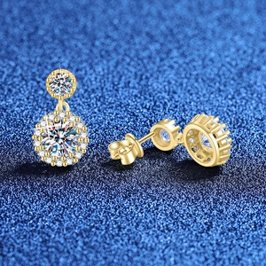 S925 sterling silver halo stud earrings with 1ct moissanite stones and gold finish