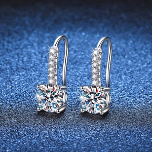 Boucles d'Oreilles Crochets en Argent Sterling 925 Moissanite Couleur D Taille Brillant Rond Strass Pavé Bijoux Femme