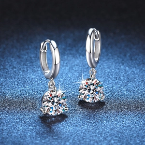 Classic 925 sterling silver hoop earrings with round Moissanite pendants on navy background