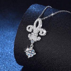 925 Sterling Silver Moissanite Pendant Necklace Elegant Fleur De Lis Crown Rhinestone Jewelry For Women Gift