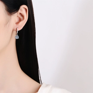 Classic S925 sterling silver hoop earrings with round Moissanite pendant in bright silver finish