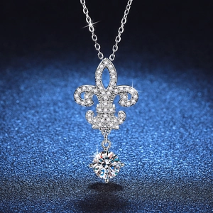 S925 silver iris flower pendant necklace with 1-carat moissanite stone on blue background