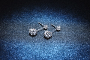 Macro view of S925 sterling silver tassel earrings with D color moissanite in 4-prong setting