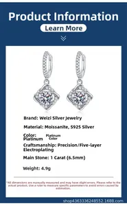Détails des boucles d'oreilles moissanite 1 carat en argent S925 avec placage platine