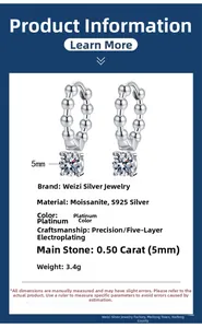 Detailed specs of S925 silver Moissanite earrings with 5mm stones and 5-layer plating
