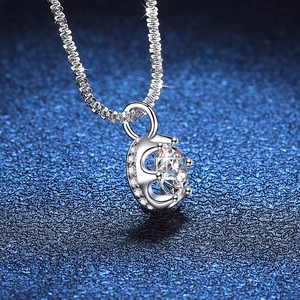 Elegant S925 sterling silver necklace with crown moissanite pendant on blue background