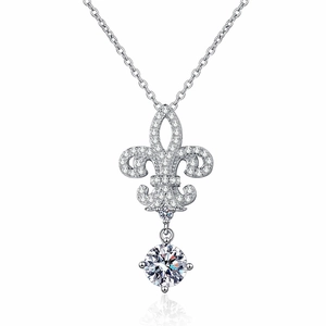 Elegant S925 silver Fleur-de-lis pendant necklace with a 1ct Moissanite diamond