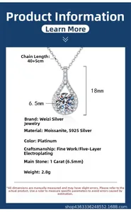 Detail view of 1 carat pear-cut moissanite pendant with s925 silver dimensions