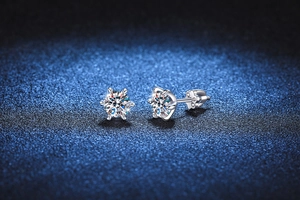 Macro shot of 925 silver moissanite earrings with six-prong setting and flower screw backs