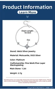 Detail of s925 silver clover bracelet showing dimensions 16+3cm and 1.2ct moissanite
