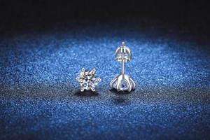 Macro detail of six-prong moissanite stud earrings with secure screw-back design