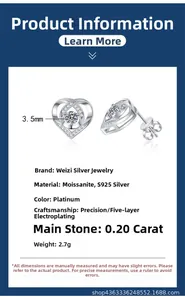 Detailed specs of S925 silver heart moissanite studs with 3.5mm diameter and plating
