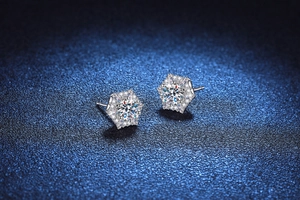 Macro view of S925 sterling silver hexagonal snowflake stud earrings with Moissanite stones