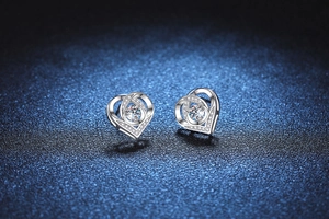 Detailed view of heart-shaped S925 silver stud earrings with sparkling moissanite stones