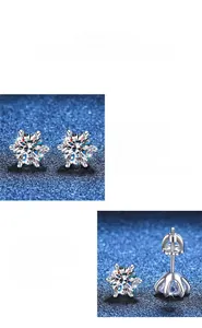 Macro detail of high-quality Moissanite stud earrings featuring a classic six-prong setting