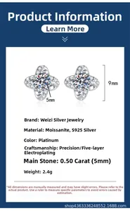 Macro detail of S925 silver four-leaf clover stud earrings with 0.5ct moissanite stones
