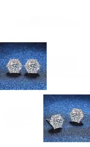 Macro detail of S925 sterling silver hexagonal stud earrings with brilliant moissanite pavé