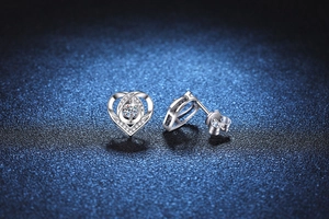 Detailed close-up of heart-shaped S925 silver stud earrings with D color moissanite