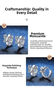 Détail de boucles d'oreilles en moissanite avec serti à six griffes et fini argenté