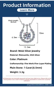 Detailed specs of S925 silver 1ct Moissanite necklace with dimensions and material info