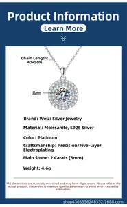 Detail of 2ct Moissanite necklace in S925 silver with product size and material specs