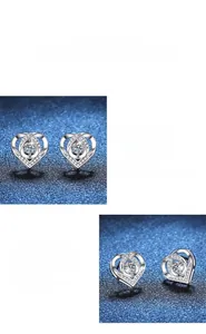 Macro shot of S925 sterling silver heart earrings featuring D-color Moissanite stones