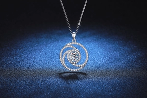 Macro detail of S925 silver windmill pendant necklace with sparkling Moissanite stones