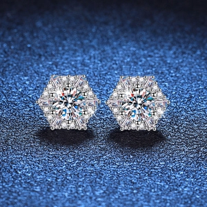 925 Sterling Silver Moissanite Stud Earrings For Women Hexagon Star Snowflake Geometric D Color Brilliant Sparkly Fine Jewelry