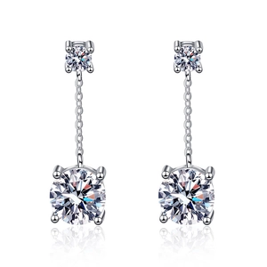 Elegant S925 sterling silver tassel earrings with two round moissanite stones and chains
