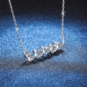 Elegant 925 sterling silver necklace with 1.5 carat moissanite curve pendant on blue background