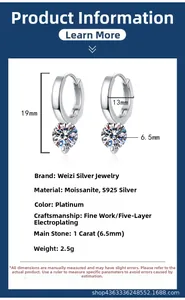 Detailed product specifications for S925 silver moissanite hoop earrings with 1ct stone