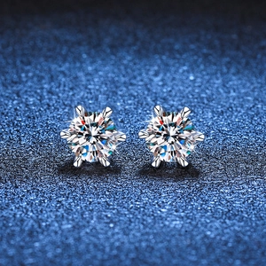Classic 925 sterling silver 6-prong moissanite stud earrings on elegant blue backdrop