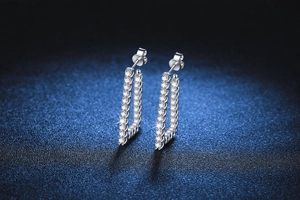 Detailed view of silver S925 earrings with geometric triangular design and moissanite stones