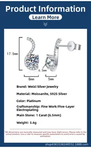 Detailed size parameters of S925 silver swan earrings with 1 carat moissanite stones