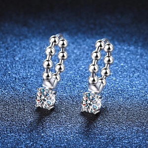 Silver beaded hoop earrings with Moissanite stones in classic four-prong setting
